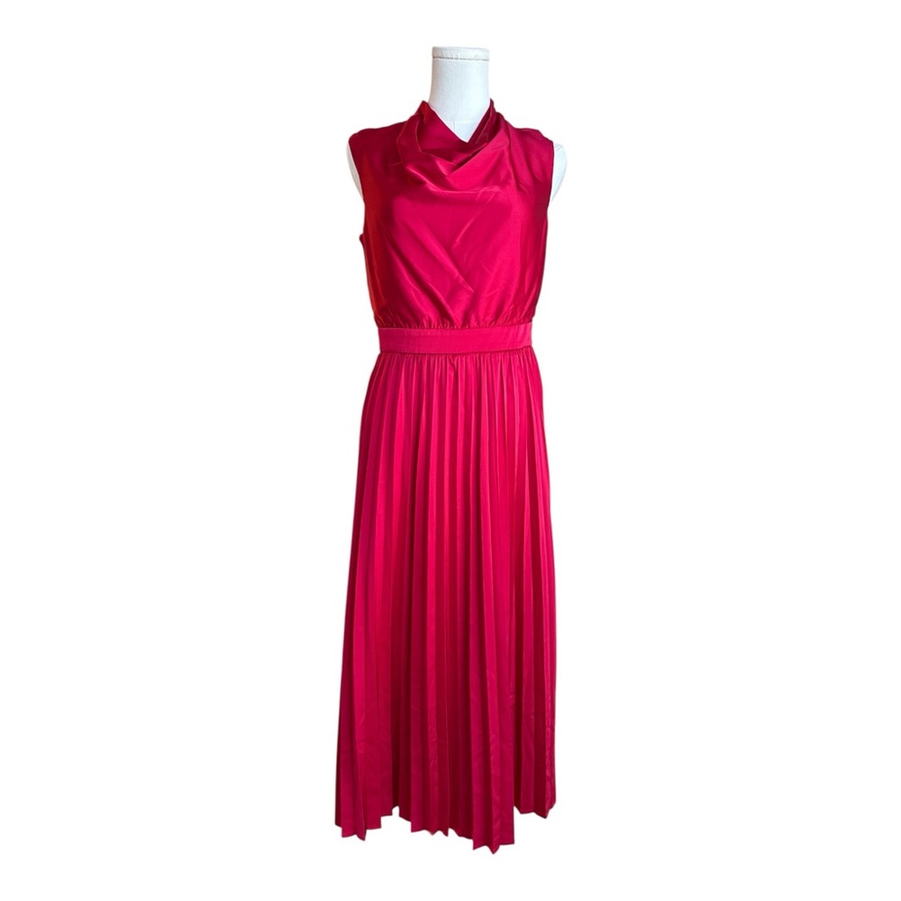 MDC4 Red satin cowl neck maxi dress with pleated skirt size small